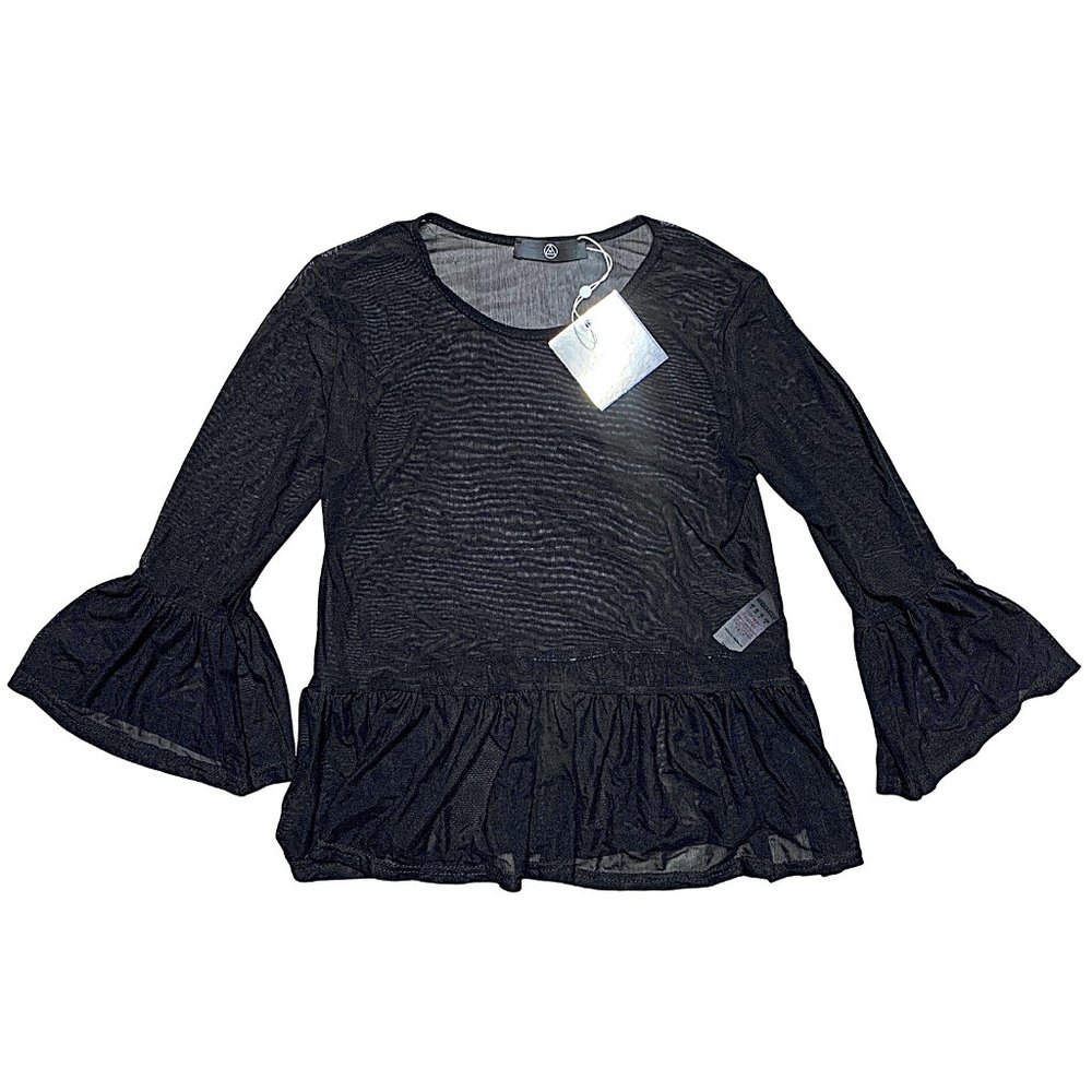 Missguided Sheer Mesh Bell-Sleeve Ruffle Blouse in Black - Picture 3 of 11